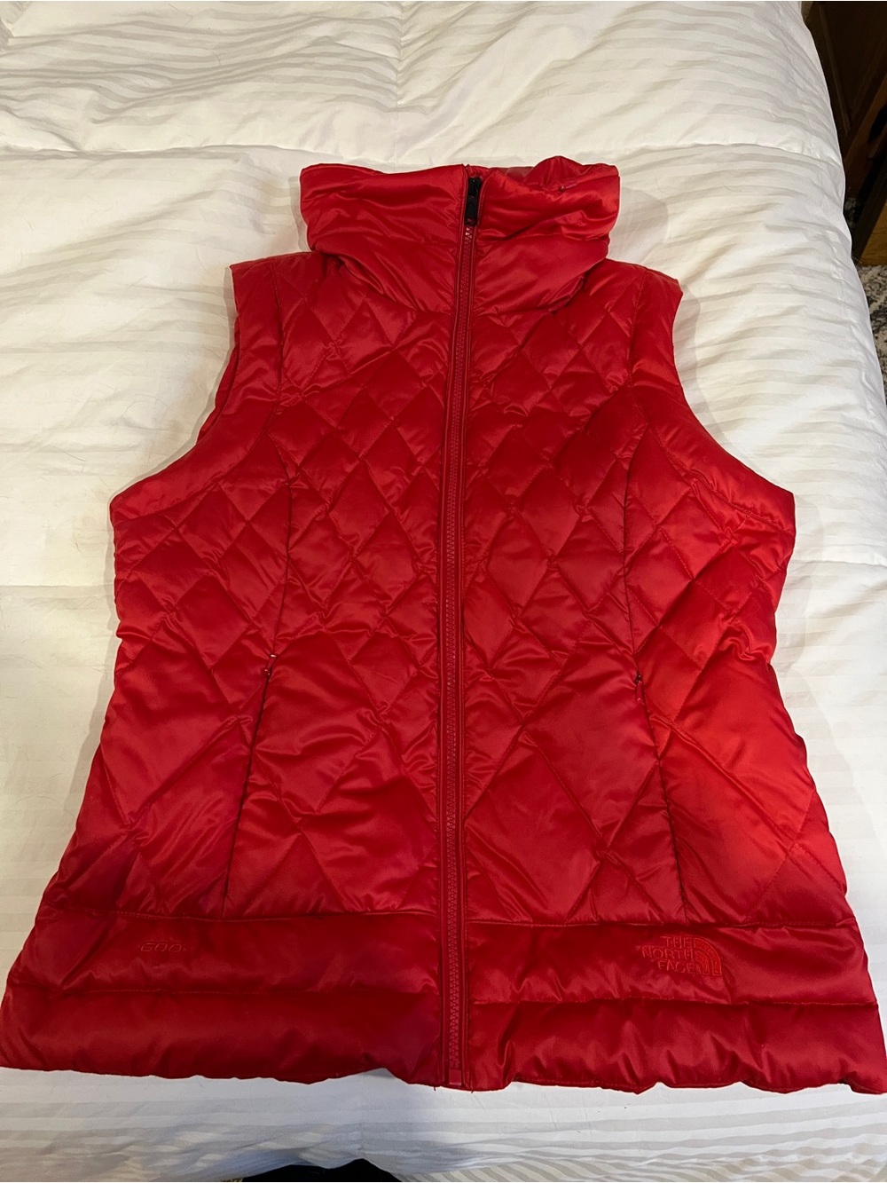 The North Face Women’s Red Quilted Puffer Vest with High Collar